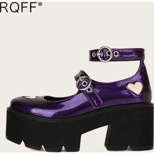 Women Platform Shoes Plus Size 43 Goth Lolita Cute Cosplay Square High Heels Patent Leather Buckle Strap Purple Black Pumps 2021