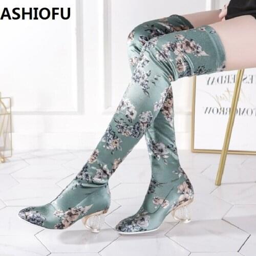 ASHIOFU Women Handmade Thigh High Boots Flower Stretch Leather Wedding Over Knee Boots Crystal Special Shap Heel Evening Boots