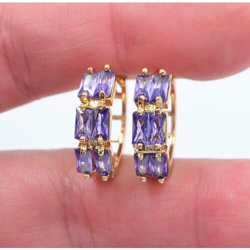 Gold Color Women Stylish Purple Cubic Zirconia CZ Huggie Hoop Earrings Jewelry