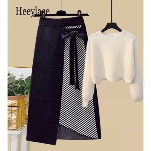 Plus Size Women Autumn Winter Warm Knitted Two Pieces Sets Korean Long Sleeve Pullover Sweater Top And High Waist Skirts Sets