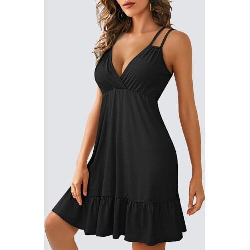 Women Summer Casual Solid Color Sleeveless Deep V Neck Strap Swing Flowy Mini Dress HA269