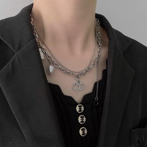 VSnow Creative Multi-layer Cherry Faux Pearl Pendant Necklace for Women Chunky Chain Geometric Hollow Flower Necklace Jewelry