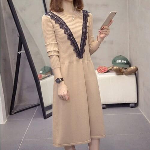2021 New Autumn And Winter Sweater Bottoming Shirt Plus Size Loose Women Fashion Lace Spliced Knitted Dress Midi Femme Robe M98