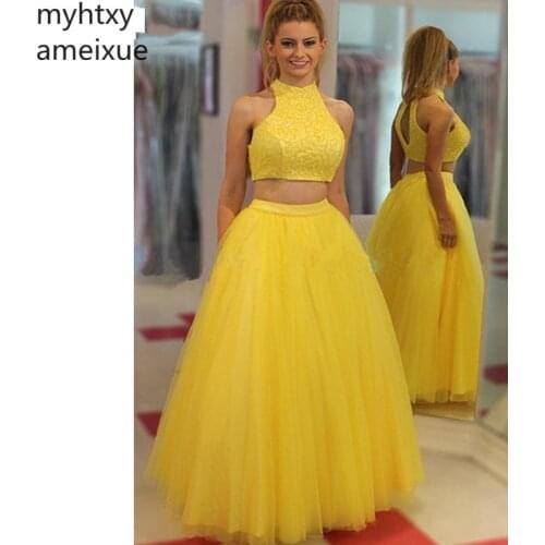 Yellow Sexy Evening Dress 2020 Sleevelss Lace Tulle Robe De Soiree Backless Floor Length Long Chicffon Formal Robe De Soiree