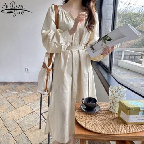 New Women Spring Summer Dresses Fashion Lace Up Casual Buttons O-neck Vintage Oversize Long Dress Apricot Robe Femme 13285