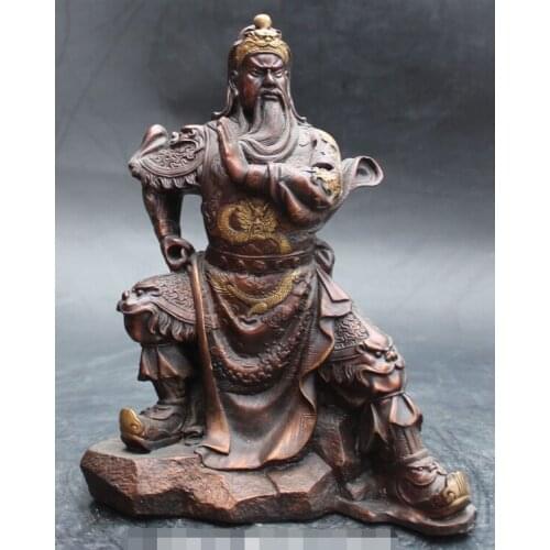 003470 10" Chinese Bronze Gilt Dragon Guangong Guanyu Warrior God Sculpture Statue