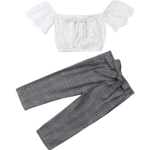 2019 Baby Girl Clothes Set Summer Toddler Kids Outfit Lace Off Shoulder Crop Top+Plaid Pants 2pcs Children Set 2-7T