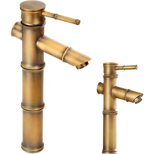 Antique Brass Waterfall Bathroom Sink Faucet Vessel Tall Bamboo Water Tap Mixer Hot and Cold Single Hole Basin Faucet Vintage
