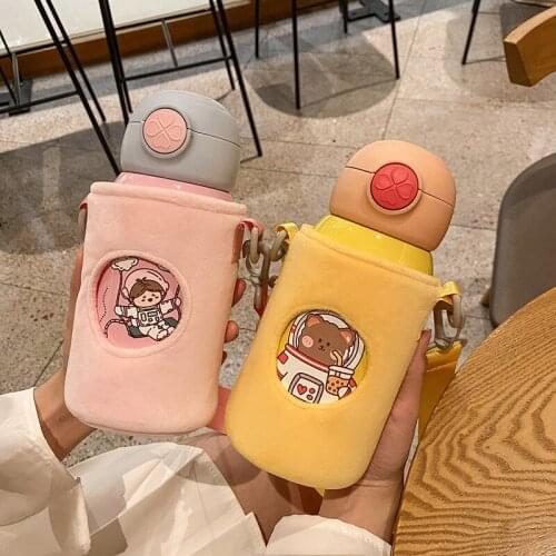 New Cartoon Male Female Student Thermos Cup Cute 316 Stainless Steel Cup With Straw Anti-Fall Portable Cup Sets Strap Straw Cup