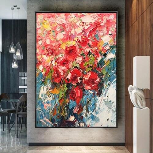 Hand Painted Oil Painting Beautiful Red Pink Rose Flowers On Canvas Square Modern Decoration Home Decoration Picture