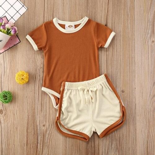 Summer Newborn Baby Boys Girls Short Sleeve O-neck Knitted Tops Bodysuit + Short Pants Outfits
