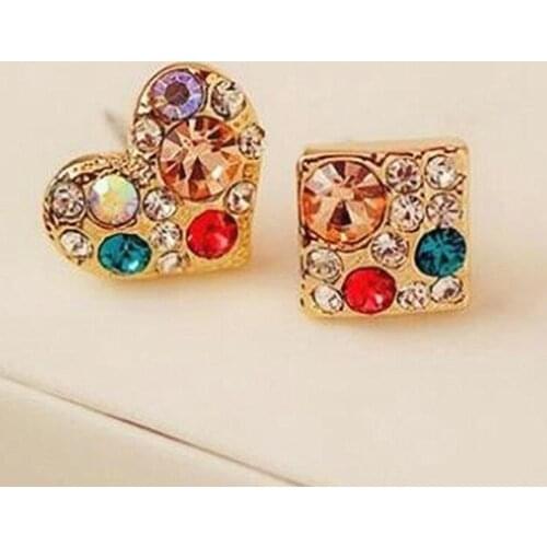 Rhinestone Crystal Heart-Shaped Box Of Small Earrings Asymmetric Jewelry Accessories
