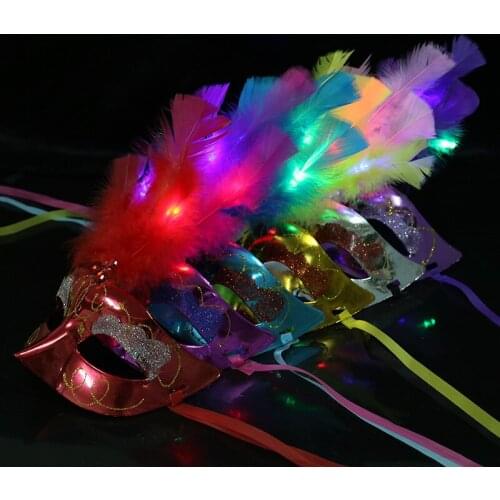 Halloween LED Light Up Feather Mask Gold Shining Plated Gras Glow in the Dark Half Face Cover Dance Halloween Feather Mask Gift