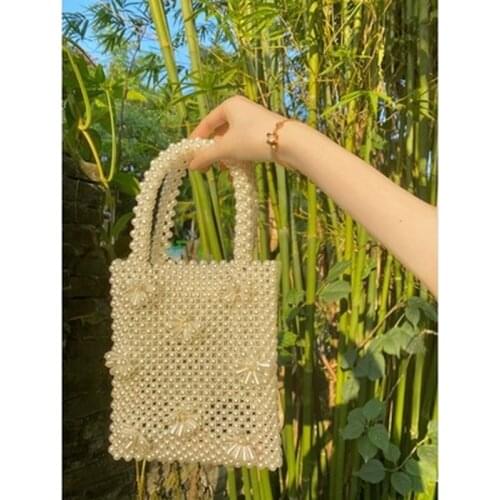 Mini Flap Handmade Flowers Woveing Pearl Totes Portable Retro Acrylic Beaded Woven Handbags for Women 2020