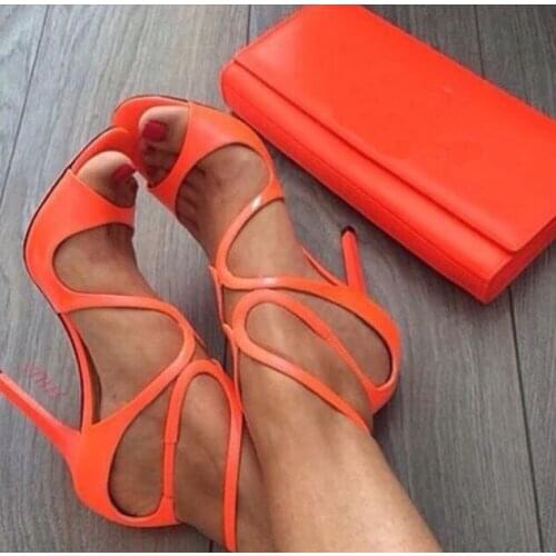 Moraima Snc Orange Patent Leather High Heel Sandal Woman Peep Toe Cross-tied Thin Heels Shoes Summer Cutouts Dress Heels