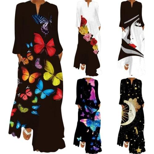 MOVOKAKA Sexy V Neck Autumn Dress Women Loose Maxi Dresses Long Sleeve Elegant Casual Evening Party Dress Womens Robe Femme