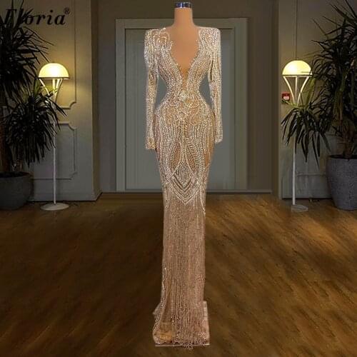 Long Sleeves Mermaid Prom Dresses Deep V-Neck Vintage Grand Party Dresses Dubai Evening Gowns For Women Vestidos вечерние платья