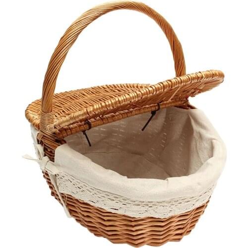 Wicker Basket Willow Picnic Basket Hamper Shopping Basket Bag With Lid And Handle And White Liner For Outdoor Camping Picnic