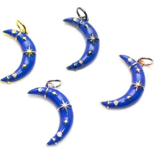 New Arrival Blue Enamel New Moon Shape Pendants Star Eyes Rhinestone Crystal Setting 11x19mm DIY Jewelry Making Charms 20pcs