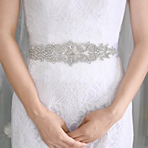 Sliver Crystal Bridal Sash Womens Rhinestones Belt Handmade Crystal Satin Wedding Sash For Wedding Dress Accessories 2021