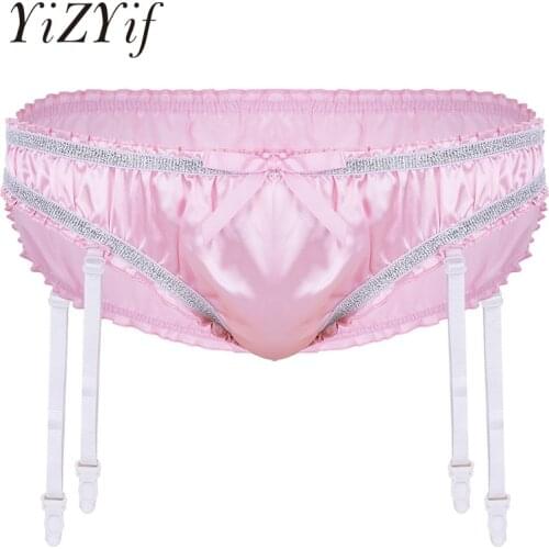 Sexy Satin Sissy Panties Mens Lingerie Shiny Stretchy Satin Ruffled Lined Sissy Triangle Briefs Underwear with Plastic Garters