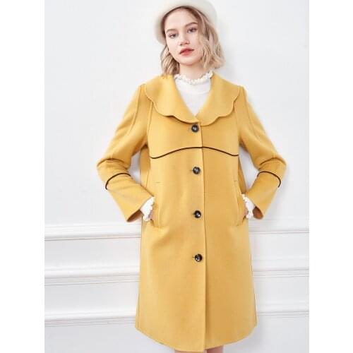 Womens Clothing 2021 Winter New Wave Collar Mid Length Double Faced Woolen Coat
