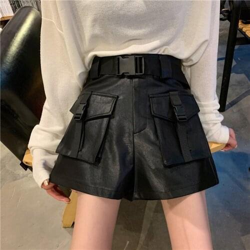 Women Autumn winter leather shorts With Belt 2019 Fashion Casual Streetwear Cargo Shorts Feminino BF Style Army Green Short Fe