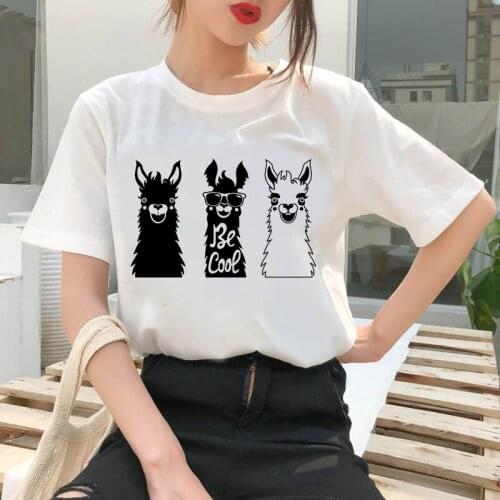 Women Casual White Tops Casual T Shirt Alpaca Cartoon Printed T-Shirt Oversized T-Shirt Ladies Summer Casual T-Shirt Streetwear