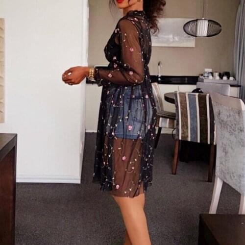 NORMOV Summer 2019 Dress Women Mesh Floral Embroidery Long Sleeve Knee-Length A-Line Dress Sexy Sexy Party See Through Dress