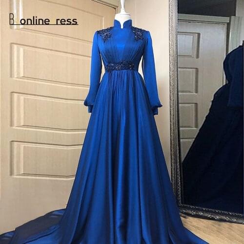 Royal Blue Caftan Evening Dresses Applique Formal Gown Arabic Dubai Muslim Long Sleeves Moroccan Prom Dress Women Party Dresses
