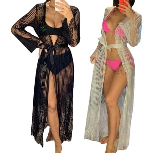 2021 Summer Long Cardigan Casual Long Sleeve Sexy Cardigan Fashion Solid Color Lace Perspective Bandage Nightgown