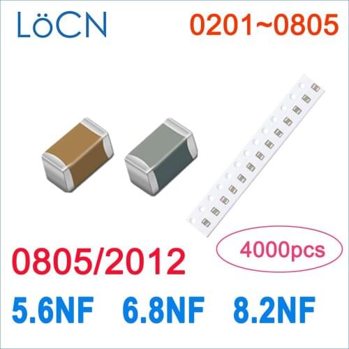 4000PCS 0805 2012 X7R 5.6NF 6.8NF 8.2NF RoHS 16V 25V 50V 10% SMD Capacitor High quality