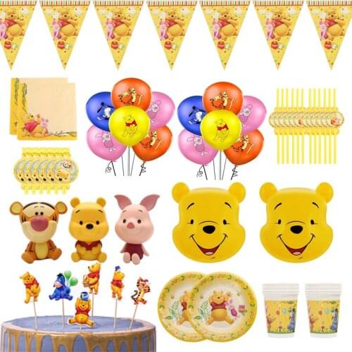 98pcs Disney Winnie the Pooh Birthday Party Supplies Kids Disposable Tableware Set Winnie Party Decor For Kids Favor