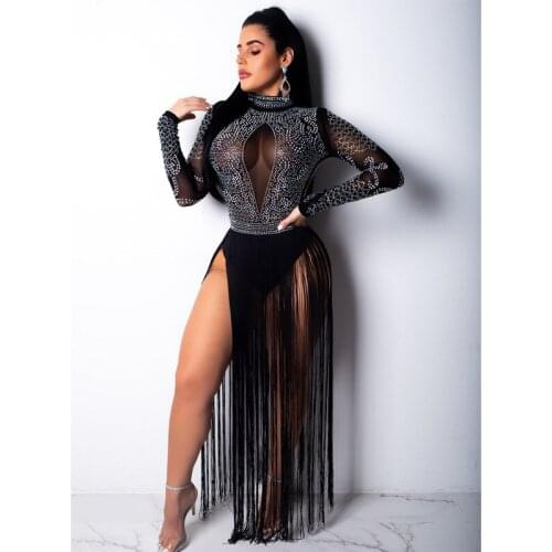 AHVIT Rhinestones Mesh Patchwork Sexy Party Two Piece Set Turtleneck Full Sleeve Romper And Tassel Floor Length Skirt EM2621