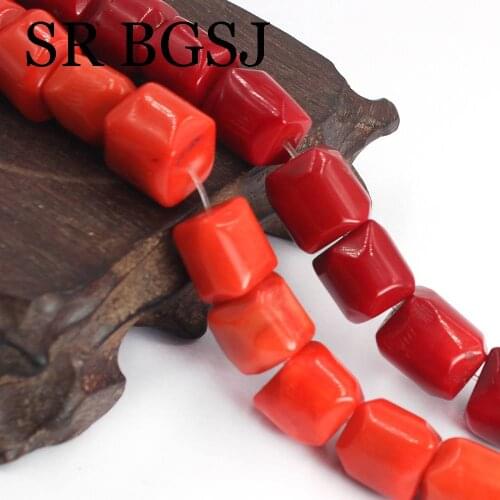Free Shipping 12-14mm Red / Orange Column Fashion Jewelry Design Real Genuine Natural Coral Beads Strand 15"