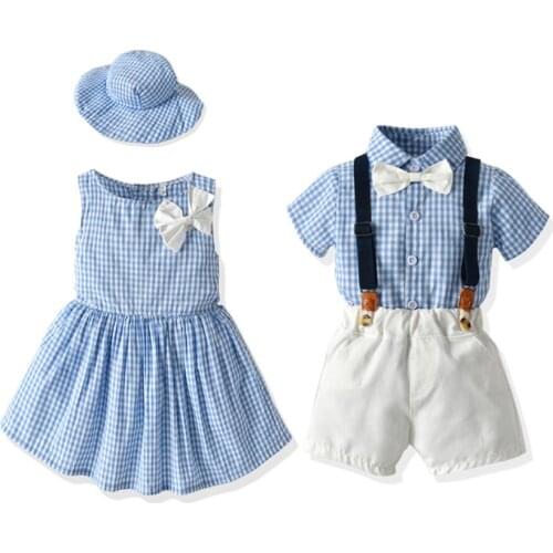 Brand Plaid Brother and Sister Kids Matching Outfits Boys Gentleman Suit+ Girls Princess Sundress With Hat Sets Children Clothes