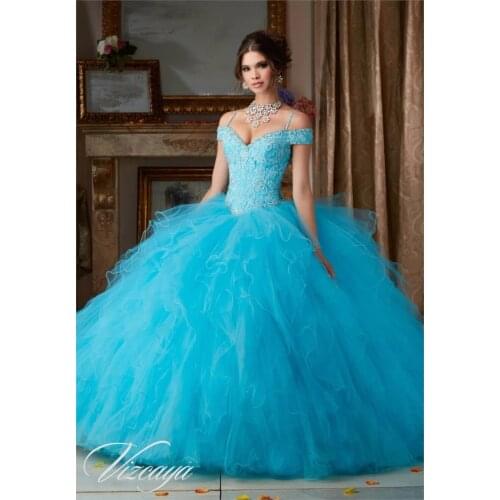 Cheap Coral Blue Champagne Quinceanera Dresses Ball Gown Appliques Fluffy Detachable Gowns Sweet 16 Pageant Dresses