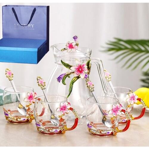ENAMEL FLOWER DECORATION GLASS CUP WITH SPOON KETTLE SET HOUSEHOLD COFFEE CUP WEDDING BANQUET SUPPLIES GIFTS