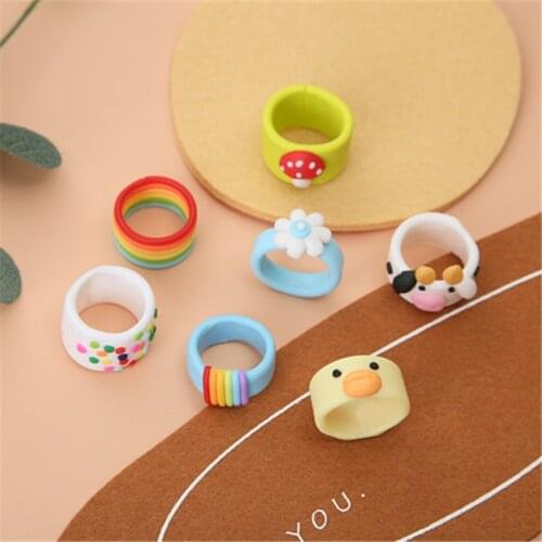 AOMU New Colorful Handmade Clay Funny Flower Rainbow Yellow Duck Cow Wide Version Ring for Women Girl Personality Jewelry Gift