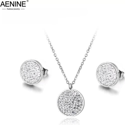 AENINE Trendy Stainless Steel Wedding Necklace Earrings Jewelry Classic Pave Setting CZ Crystal Circle Sets For Women ASE016