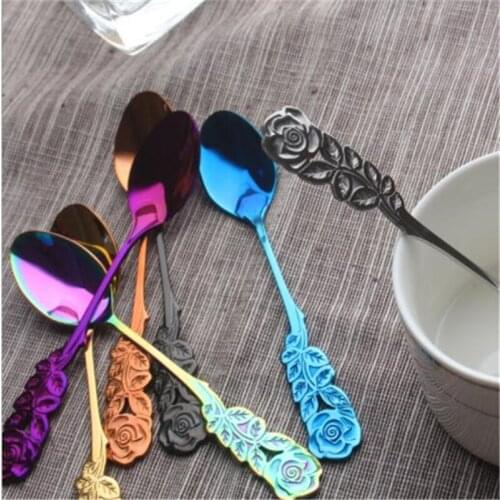 Fashion Colorful Rose Handle Spoon Stainless Steel Coffee Stir Dessert Cake Salad Scoop Teaspoon Durable Kitchen Tableware