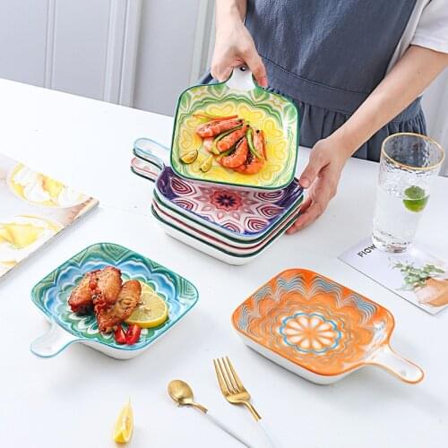 9-inch Creative Nordic Baking Pan Ceramic Net Red Plate Home Dish Plate Steak Western Pasta Dinner Plate Cutlery with Handle