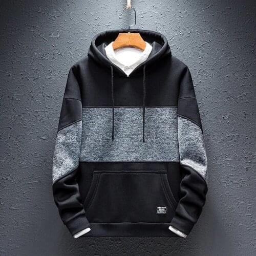New Men Casual Hoodies Long Sleeve Sweatshirts Mens Fleece Hooded Pullover Tops Solid Patchwork Hip Hop Streetwear Tracksuit