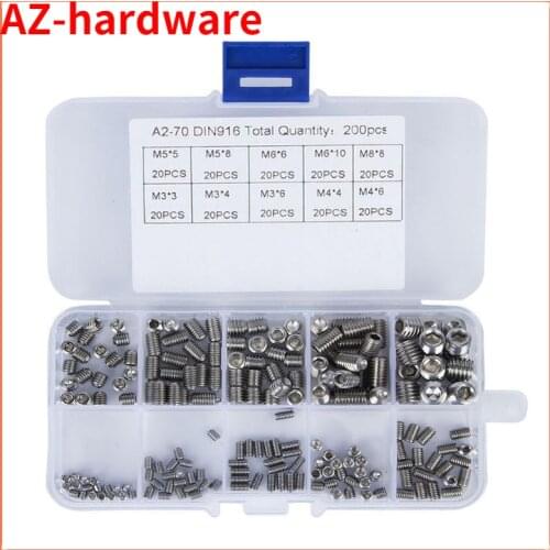 Flat Point Hexagon Socket Set Screws Headless Kit M3 M4 M5 M6 M8 304 Stainless Steel Metric Thread Grub Screw Kit 200 Pcs/set