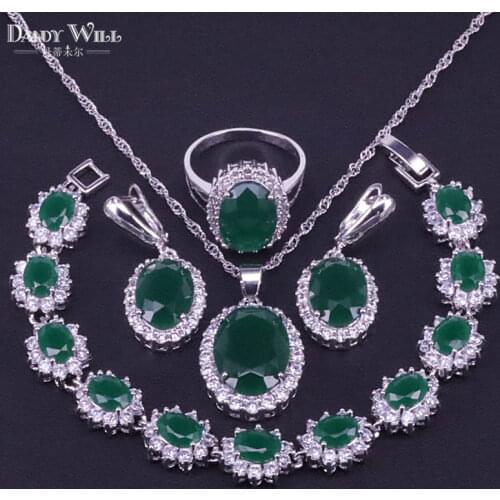 4PCS Costume Jewelry Set Silver Color Green Zircon Earrings Ring Necklace Pendant Bracelet For Women Gift Box