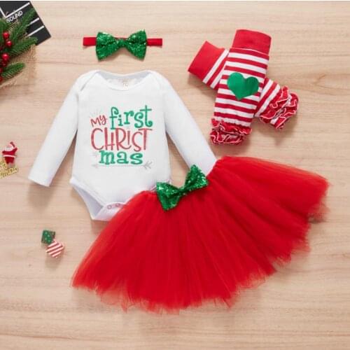 2021 New Baby Girls Christmas Clothes Set Printed Pattern Romper Yarn Skirt Headdress Leg Warmers Xmas Babys Sets