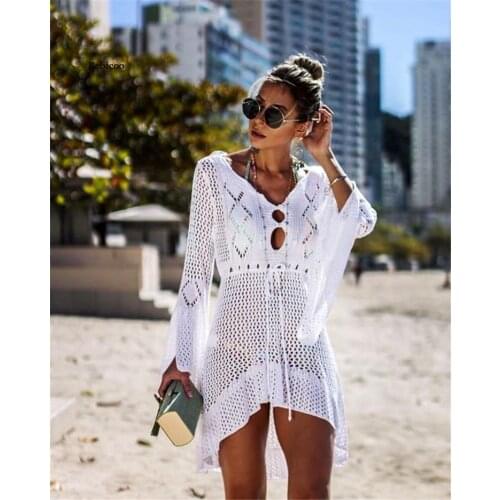Sexy Crochet Knitted Beach Cover Up Tassel Tie Beachwear Tunic Long Pareos Summer Swimsuit See-Through Beach Dress Bikini