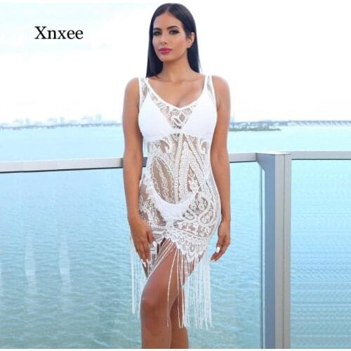Summer Womens Sexy Lace Ladies Mid-Length Dress Sleeveless Hollow Fringe Tassel Cover Dress Mid-Beach Dress