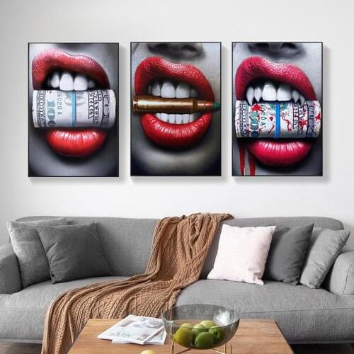 Sexy Red Lips Bullet and Money Canvas Painting Posters and Prints Pop Art Wall Art Pictures for Living Room Home Decor