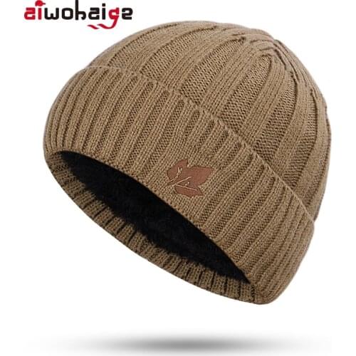 2019 New Fashion Mens Winter Knit Beanie Scarf Brand Maple Leaf Thick Lining Plus Velvet casual hat Solid color Soft Cap Bonnet